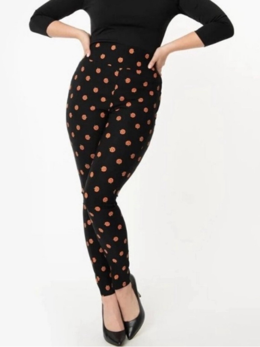 Unique Vintage High-Waist Cigarette Pants with Pumpkin Print